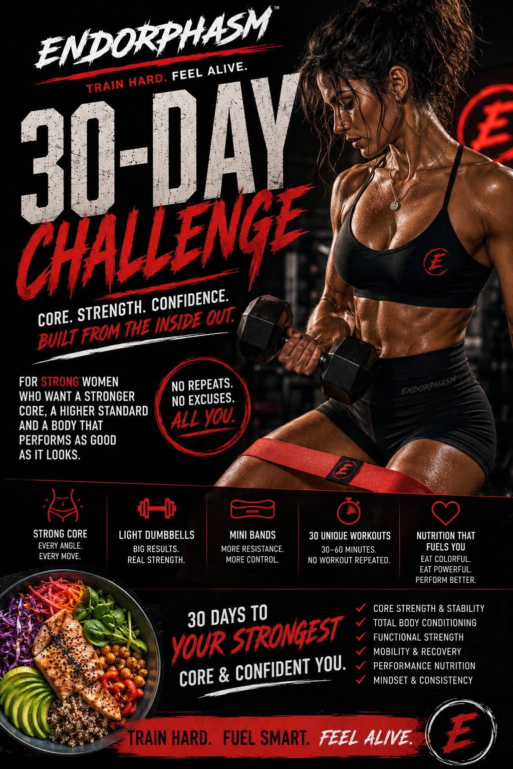 ENDORPHASM 30-Day Core Challenge | Core + Light Dumbbells + Mini Bands
